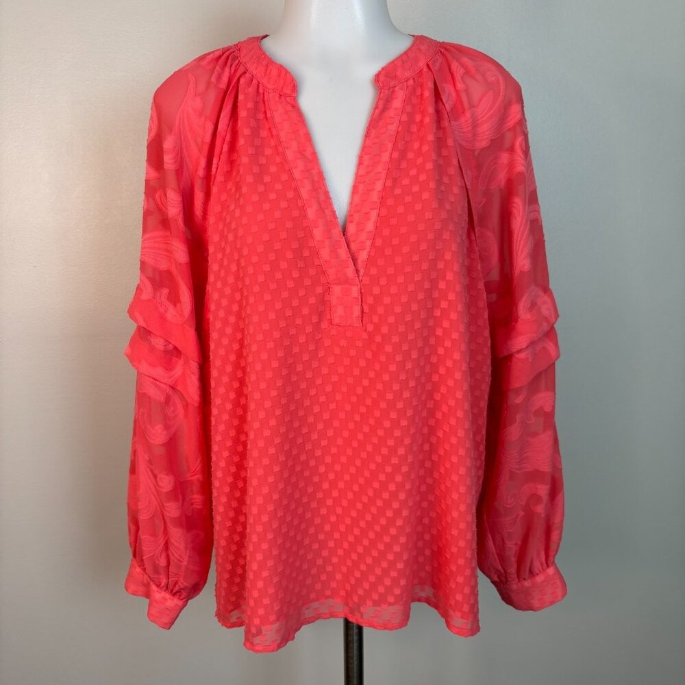 Vince Camuto Blouse Large Bright Coral Pink Textured Long Sleeve Top Women's